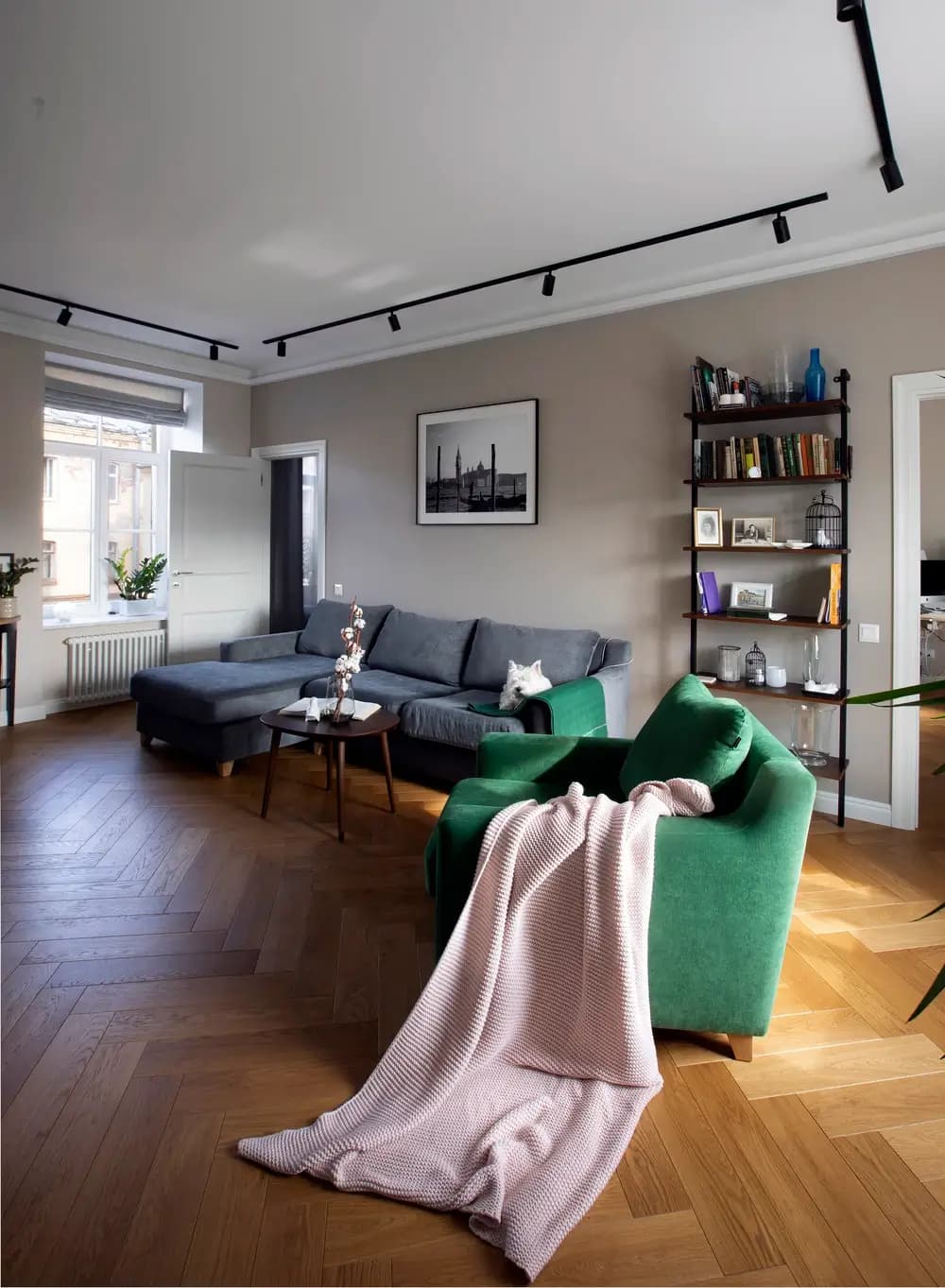 כורסה ירוקה כנקודת צבע בחלל מגורים בהיר