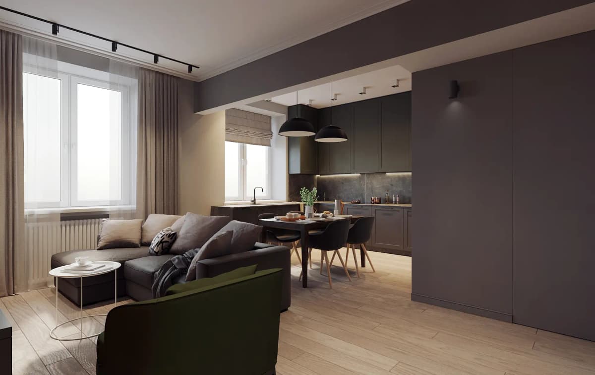 חלל מגורים ומטבח בתכנון פתוח